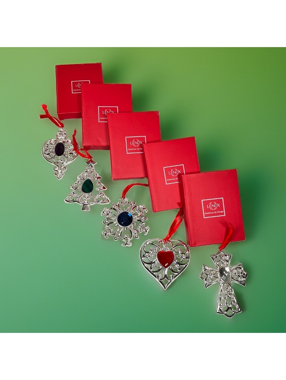 Lenox Set of 5 Bejeweled Silver-Plated Metal Ornaments - New In Box